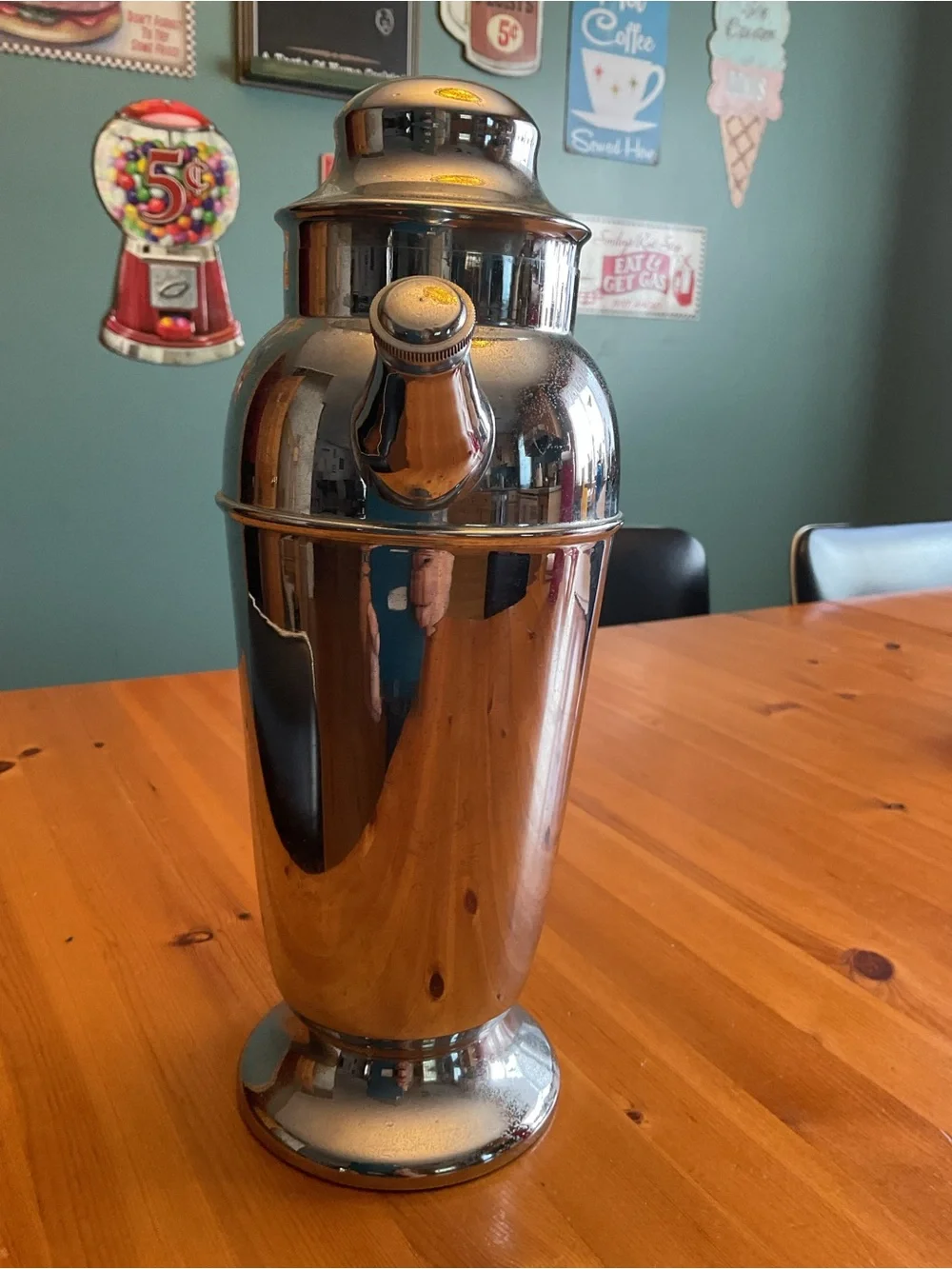 VINTAGE CHROME COCKTAIL SHAKER ART DECO WOOD HANDLE PITCHER MCM BAR CART DRINKS